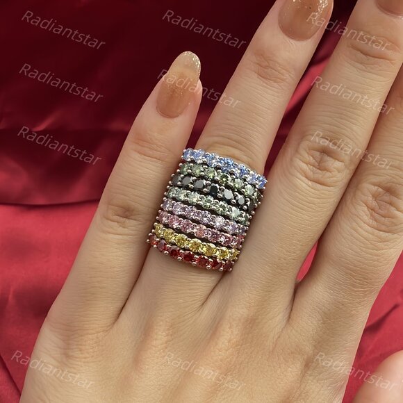 NEW Certified 3mm Royal Blue Moissanite 7 Stone Half Eternity Band Ring - Picture 9 of 11